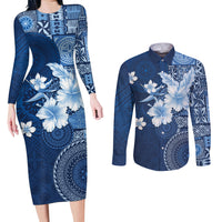 Hawaii Tapa Pattern With Navy Hibiscus Couples Matching Long Sleeve Bodycon Dress and Long Sleeve Button Shirt LT05 Navy - Polynesian Pride