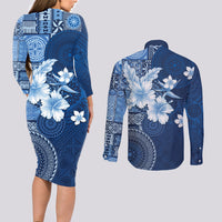 Hawaii Tapa Pattern With Navy Hibiscus Couples Matching Long Sleeve Bodycon Dress and Long Sleeve Button Shirt LT05 - Polynesian Pride