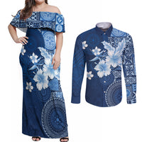Hawaii Tapa Pattern With Navy Hibiscus Couples Matching Off Shoulder Maxi Dress and Long Sleeve Button Shirt LT05 Navy - Polynesian Pride