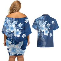 Hawaii Tapa Pattern With Navy Hibiscus Couples Matching Off Shoulder Short Dress and Hawaiian Shirt LT05 - Polynesian Pride