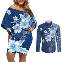 Hawaii Tapa Pattern With Navy Hibiscus Couples Matching Off Shoulder Short Dress and Long Sleeve Button Shirt LT05 Navy - Polynesian Pride