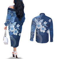 Hawaii Tapa Pattern With Navy Hibiscus Couples Matching Off The Shoulder Long Sleeve Dress and Long Sleeve Button Shirt LT05 - Polynesian Pride