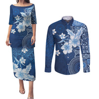 Hawaii Tapa Pattern With Navy Hibiscus Couples Matching Puletasi and Long Sleeve Button Shirt LT05 Navy - Polynesian Pride