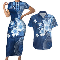 Hawaii Tapa Pattern With Navy Hibiscus Couples Matching Short Sleeve Bodycon Dress and Hawaiian Shirt LT05 Navy - Polynesian Pride