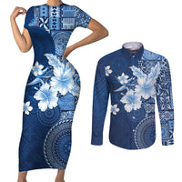 Hawaii Tapa Pattern With Navy Hibiscus Couples Matching Short Sleeve Bodycon Dress and Long Sleeve Button Shirt LT05 Navy - Polynesian Pride