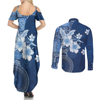 Hawaii Tapa Pattern With Navy Hibiscus Couples Matching Summer Maxi Dress and Long Sleeve Button Shirt LT05 - Polynesian Pride