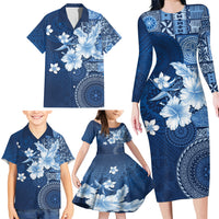 Hawaii Tapa Pattern With Navy Hibiscus Family Matching Long Sleeve Bodycon Dress and Hawaiian Shirt LT05 - Polynesian Pride