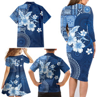 Hawaii Tapa Pattern With Navy Hibiscus Family Matching Long Sleeve Bodycon Dress and Hawaiian Shirt LT05 - Polynesian Pride