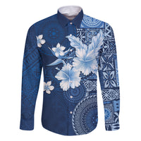 Hawaii Tapa Pattern With Navy Hibiscus Family Matching Summer Maxi Dress and Hawaiian Shirt LT05 Dad's Shirt - Long Sleeve Navy - Polynesian Pride