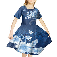 Hawaii Tapa Pattern With Navy Hibiscus Kid Short Sleeve Dress