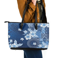 Hawaii Tapa Pattern With Navy Hibiscus Leather Tote Bag LT05 - Polynesian Pride