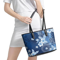 Hawaii Tapa Pattern With Navy Hibiscus Leather Tote Bag LT05 - Polynesian Pride