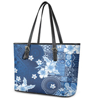 Hawaii Tapa Pattern With Navy Hibiscus Leather Tote Bag LT05 - Polynesian Pride