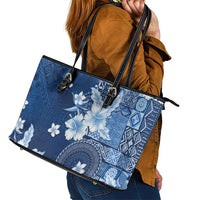 Hawaii Tapa Pattern With Navy Hibiscus Leather Tote Bag LT05 - Polynesian Pride
