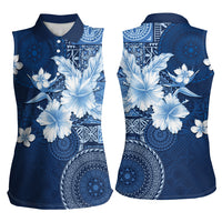 Hawaii Tapa Pattern With Navy Hibiscus Women Sleeveless Polo Shirt