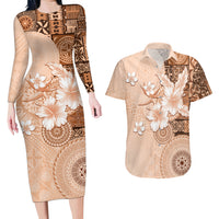 Hawaii Tapa Pattern With Brown Hibiscus Couples Matching Long Sleeve Bodycon Dress and Hawaiian Shirt LT05 Brown - Polynesian Pride