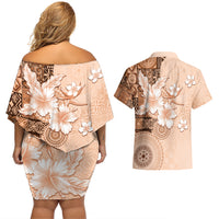 Hawaii Tapa Pattern With Brown Hibiscus Couples Matching Off Shoulder Short Dress and Hawaiian Shirt LT05 - Polynesian Pride