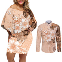 Hawaii Tapa Pattern With Brown Hibiscus Couples Matching Off Shoulder Short Dress and Long Sleeve Button Shirt LT05 Brown - Polynesian Pride