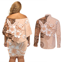 Hawaii Tapa Pattern With Brown Hibiscus Couples Matching Off Shoulder Short Dress and Long Sleeve Button Shirt LT05 - Polynesian Pride