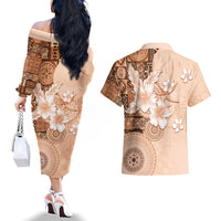 Hawaii Tapa Pattern With Brown Hibiscus Couples Matching Off The Shoulder Long Sleeve Dress and Hawaiian Shirt LT05 - Polynesian Pride