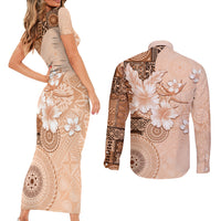 Hawaii Tapa Pattern With Brown Hibiscus Couples Matching Short Sleeve Bodycon Dress and Long Sleeve Button Shirt LT05 - Polynesian Pride