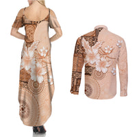 Hawaii Tapa Pattern With Brown Hibiscus Couples Matching Summer Maxi Dress and Long Sleeve Button Shirt LT05 - Polynesian Pride