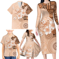 Hawaii Tapa Pattern With Brown Hibiscus Family Matching Long Sleeve Bodycon Dress and Hawaiian Shirt LT05 - Polynesian Pride