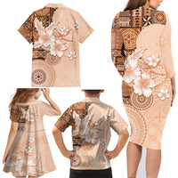 Hawaii Tapa Pattern With Brown Hibiscus Family Matching Long Sleeve Bodycon Dress and Hawaiian Shirt LT05 - Polynesian Pride