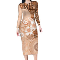 Hawaii Tapa Pattern With Brown Hibiscus Family Matching Long Sleeve Bodycon Dress and Hawaiian Shirt LT05 Mom's Dress Brown - Polynesian Pride