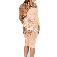 Hawaii Tapa Pattern With Brown Hibiscus Family Matching Long Sleeve Bodycon Dress and Hawaiian Shirt LT05 - Polynesian Pride