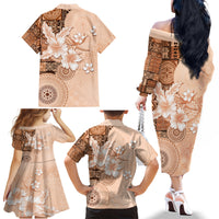 Hawaii Tapa Pattern With Brown Hibiscus Family Matching Off The Shoulder Long Sleeve Dress and Hawaiian Shirt LT05 - Polynesian Pride