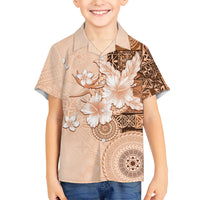 Hawaii Tapa Pattern With Brown Hibiscus Family Matching Off Shoulder Short Dress and Hawaiian Shirt LT05 Son's Shirt Brown - Polynesian Pride