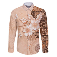 Hawaii Tapa Pattern With Brown Hibiscus Family Matching Puletasi and Hawaiian Shirt LT05 Dad's Shirt - Long Sleeve Brown - Polynesian Pride