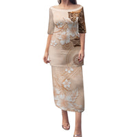 Hawaii Tapa Pattern With Brown Hibiscus Family Matching Puletasi and Hawaiian Shirt LT05 Mom's Dress Brown - Polynesian Pride