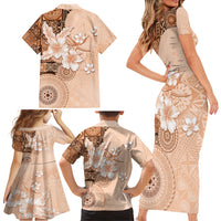 Hawaii Tapa Pattern With Brown Hibiscus Family Matching Short Sleeve Bodycon Dress and Hawaiian Shirt LT05 - Polynesian Pride