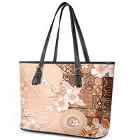 Hawaii Tapa Pattern With Brown Hibiscus Leather Tote Bag LT05 - Polynesian Pride