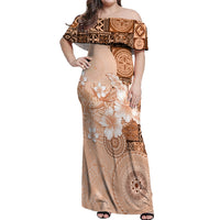 Hawaii Tapa Pattern With Brown Hibiscus Off Shoulder Maxi Dress LT05 Women Brown - Polynesian Pride
