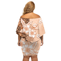 Hawaii Tapa Pattern With Brown Hibiscus Off Shoulder Short Dress LT05 - Polynesian Pride