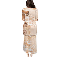 Hawaii Tapa Pattern With Brown Hibiscus Puletasi LT05 - Polynesian Pride