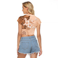 Hawaii Tapa Pattern With Brown Hibiscus Raglan Cropped T Shirt