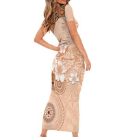 Hawaii Tapa Pattern With Brown Hibiscus Short Sleeve Bodycon Dress