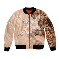 Hawaii Tapa Pattern With Brown Hibiscus Sleeve Zip Bomber Jacket LT05 Unisex Brown - Polynesian Pride