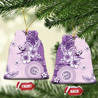 Hawaii Tapa Pattern With Violet Hibiscus Ceramic Ornament LT05 Bell Flake Violet - Polynesian Pride