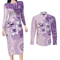 Hawaii Tapa Pattern With Violet Hibiscus Couples Matching Long Sleeve Bodycon Dress and Long Sleeve Button Shirt LT05 Violet - Polynesian Pride