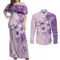 Hawaii Tapa Pattern With Violet Hibiscus Couples Matching Off Shoulder Maxi Dress and Long Sleeve Button Shirt LT05 Violet - Polynesian Pride