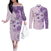 Hawaii Tapa Pattern With Violet Hibiscus Couples Matching Off The Shoulder Long Sleeve Dress and Long Sleeve Button Shirt LT05 Violet - Polynesian Pride