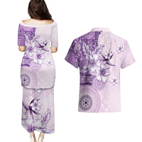 Hawaii Tapa Pattern With Violet Hibiscus Couples Matching Puletasi and Hawaiian Shirt LT05 - Polynesian Pride