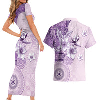 Hawaii Tapa Pattern With Violet Hibiscus Couples Matching Short Sleeve Bodycon Dress and Hawaiian Shirt LT05 - Polynesian Pride