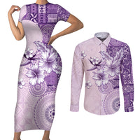 Hawaii Tapa Pattern With Violet Hibiscus Couples Matching Short Sleeve Bodycon Dress and Long Sleeve Button Shirt LT05 Violet - Polynesian Pride