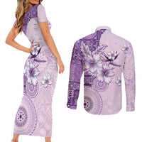 Hawaii Tapa Pattern With Violet Hibiscus Couples Matching Short Sleeve Bodycon Dress and Long Sleeve Button Shirt LT05 - Polynesian Pride